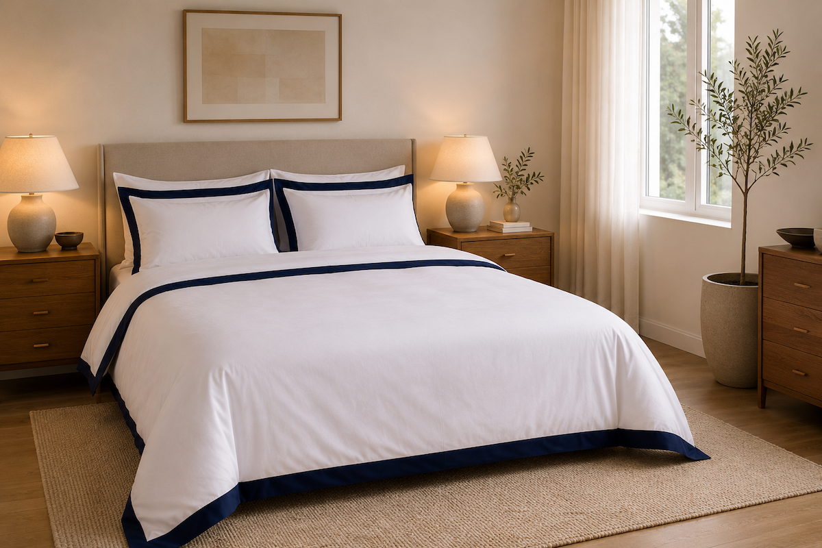 White with Statement Dark Blue Piping