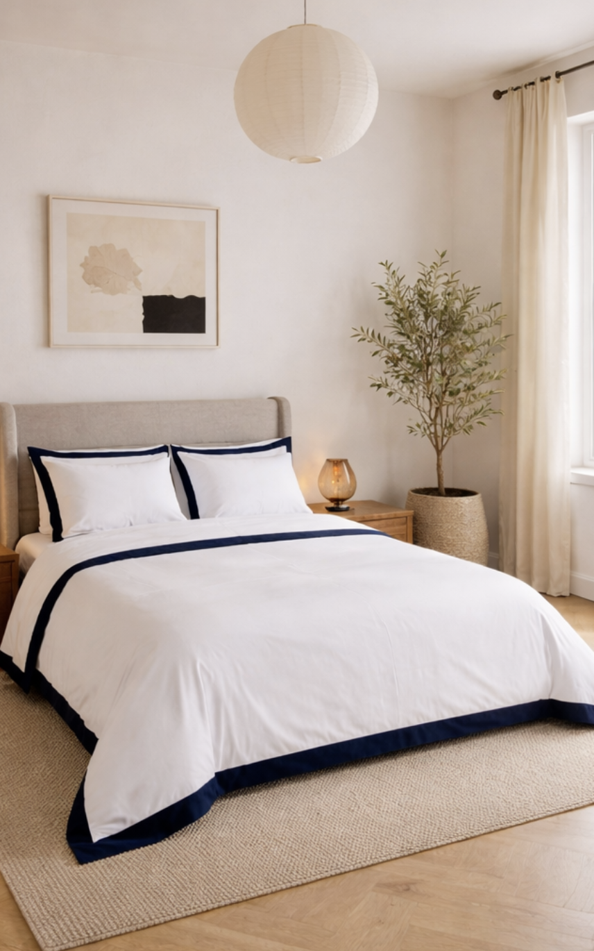 White with Statement Dark Blue Piping